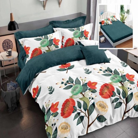 Lenjerie de pat din finet cu elastic, 6 piese, design floral colorat
