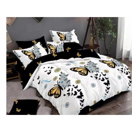 Lenjerie de pat dublu din finet, 6 piese, design vibrant de fluturi galbeni și negri pe fundal alb, cearșafuri negre, perne asortate