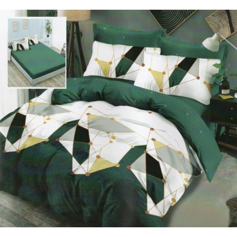 Lenjerie de pat din finet cu elastic, 6 piese, design geometric verde și galben