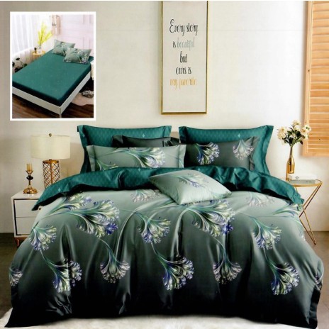 lenjerie cu elastic, lenjerie finet, lenjerie 6 piese, flori verde, flori albastru, design modern, material confortabil