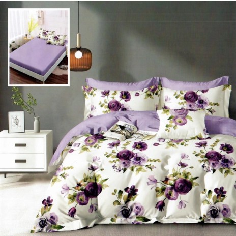 Lenjerie de pat dublu din finet cu design floral în nuanțe de mov și alb, 6 piese