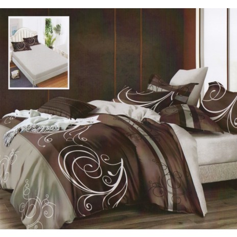 Lenjerie de pat din finet cu elastic, 6 piese, design ornamental maro și crem