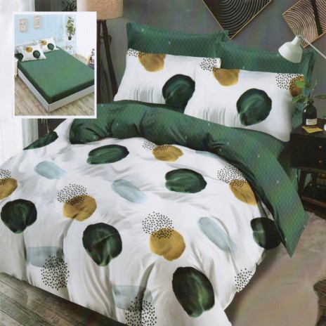 Lenjerie de pat dublu din finet, 6 piese, design modern în nuanțe de verde și galben pe fundal alb
