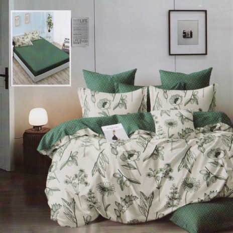 Lenjerie de pat cu elastic din finet, 6 piese, cu design floral în nuanțe de verde și alb