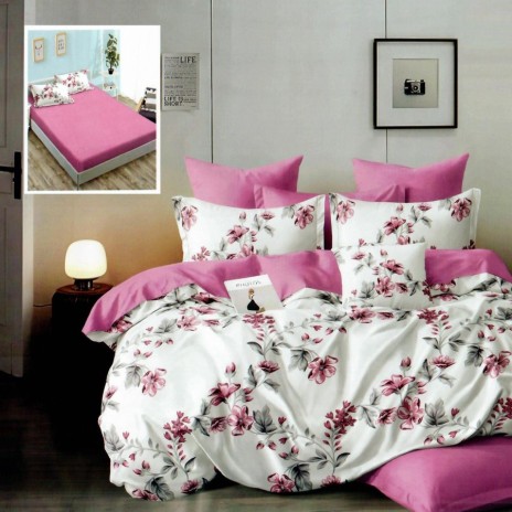 Lenjerie de pat cu elastic din finet, 6 piese, cu design floral în nuanțe de roz și gri