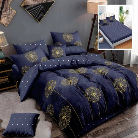 Lenjerie de pat din finet cu elastic, 6 piese, design păpădii aurii