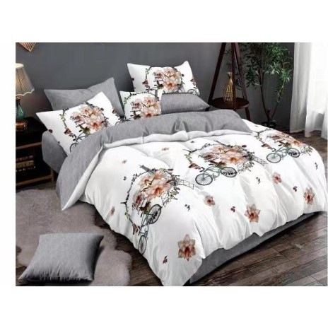 Lenjerie de pat dublu din finet, 6 piese, cu design floral și biciclete, stil parizian, include cearșaf cu elastic
