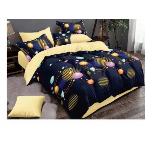 Lenjerie de pat dublu din finet, 6 piese, cu design cosmic de planete colorate pe fundal negru și galben