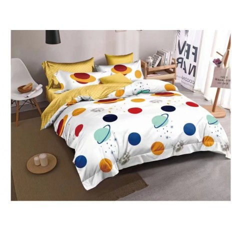 Lenjerie de pat dublu din finet, 6 piese, cu design de planete colorate pe fundal alb