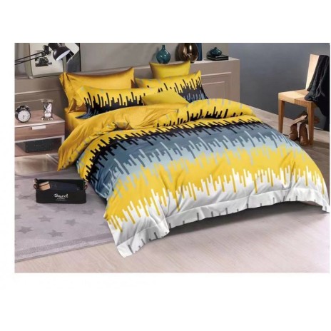 Lenjerie de pat dublu din finet, 6 piese, cu design modern de unde sonore în nuanțe de galben, gri și negru