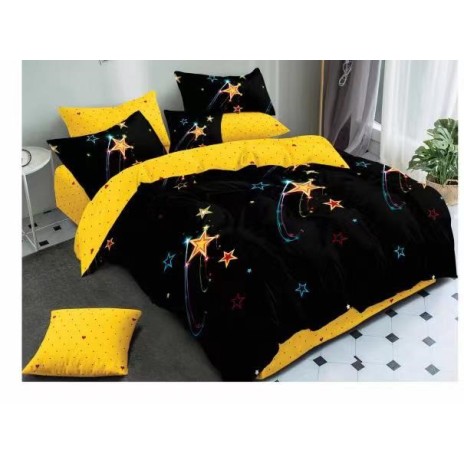 Lenjerie de pat dublu din finet, 6 piese, cu design de stele luminoase pe fundal negru și galben
