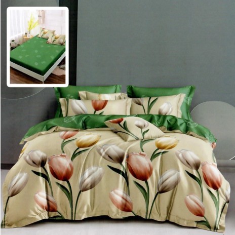 Lenjerie cu elastic din finet, 6 piese, model lalele în nuanțe pastel pe fundal bej și verde