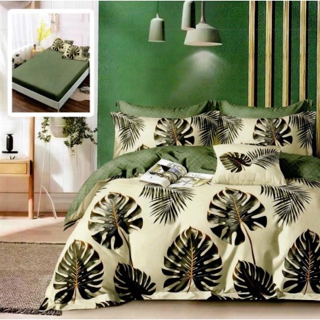 Lenjerie cu elastic din finet, 6 piese, model frunze tropicale pe fundal bej și verde