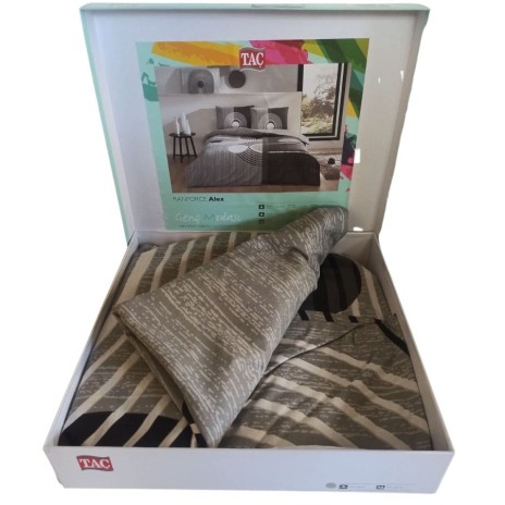 Lenjerie de pat din bumbac ranforce Tac, design geometric modern cu cercuri și linii în nuanțe de gri, alb și negru, cu cearșaf elastic