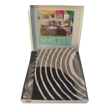 Lenjerie de pat din bumbac ranforce Tac, design geometric modern cu cercuri și linii în nuanțe de gri, alb și negru, cu cearșaf elastic