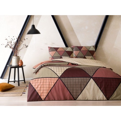 Lenjerie de pat cu elastic TAC Ranforce Delta din bumbac 100%, design geometric în nuanțe de maro, portocaliu și bej
