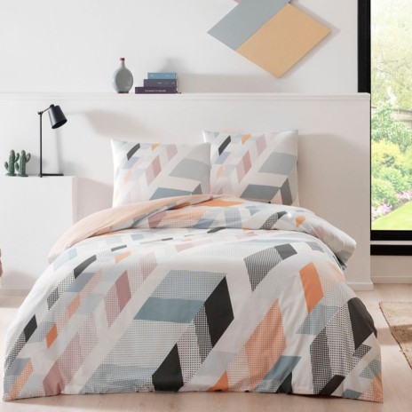 Lenjerie de pat Tac din bumbac ranforce cu elastic, design geometric modern în nuanțe de gri, portocaliu și roz pal