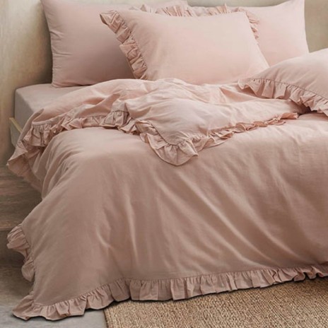 Lenjerie pat dublu cu volane Milagros Ballet roz pudra bumbac 100% ranforce prespalat Bahar Tekstil