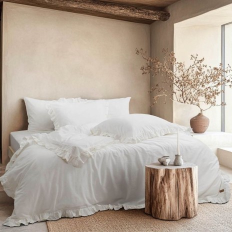Lenjerie pat dublu cu volane Milagros Dove ecru bumbac 100% ranforce prespalat Bahar Tekstil