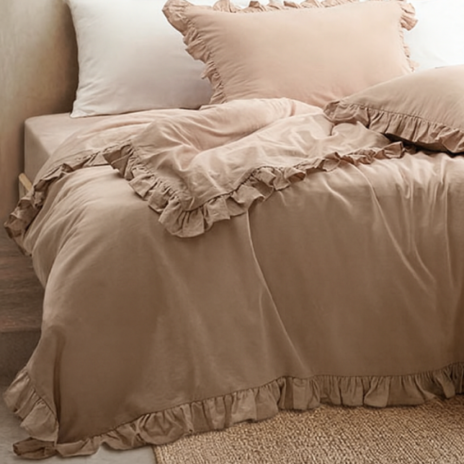 Lenjerie pat dublu cu volane Milagros Mink bej bumbac 100% ranforce prespalat Bahar Tekstil