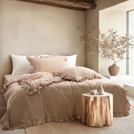 Lenjerie pat dublu cu volane Milagros Mink bej bumbac 100% ranforce prespalat Bahar Tekstil