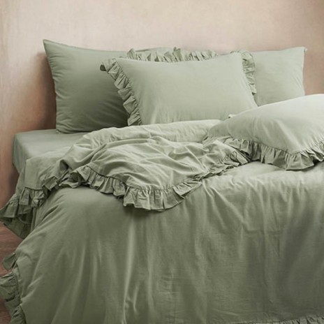 Lenjerie pat dublu cu volane Milagros Pampas Verde bumbac 100% ranforce prespalat Bahar Tekstil