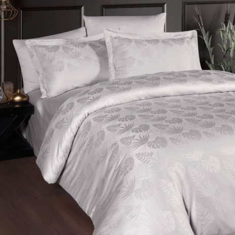 Lenjerie pat dublu Nichol albă cu frunze, culoare albă, 6 piese, Jacquard Satin