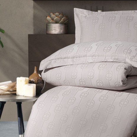 Lenjerie de lux pat dublu jacquard satin 6 piese First Choice Norel Latte cu model geometric circular in relief