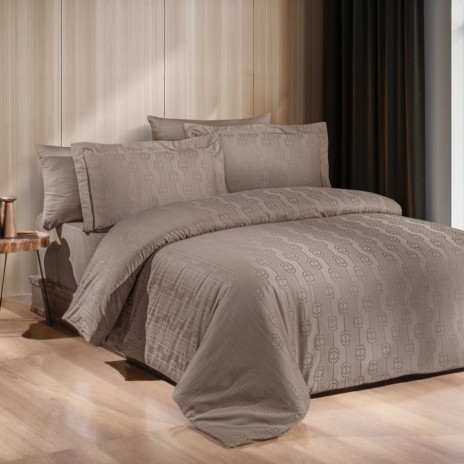 Lenjerie de lux pat dublu jacquard satin 6 piese First Choice Norel Maro deschis Wicker cu model geometric circular in relief