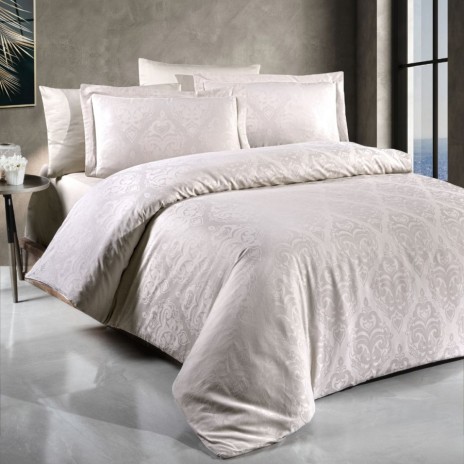 Lenjerie de lux pat dublu jacquard satin 6 piese First Choice Sofya Champagne cu model ornamental baroc in relief