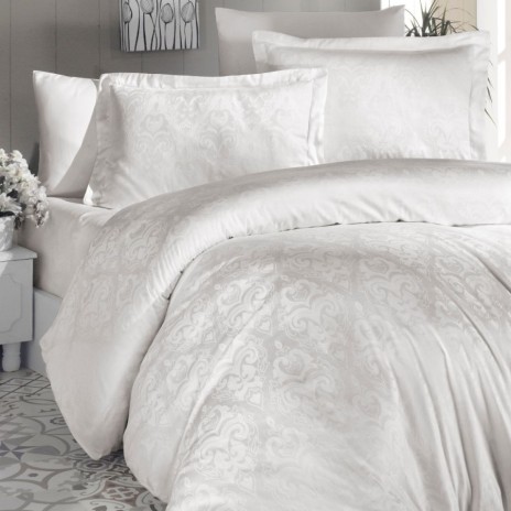 Lenjerie de lux pat dublu jacquard satin 6 piese First Choice Sofya Crem cu model baroc in relief
