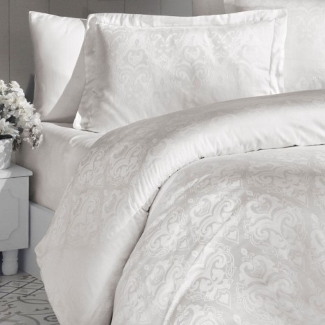 Lenjerie de lux pat dublu jacquard satin 6 piese First Choice Sofya Crem cu model baroc in relief