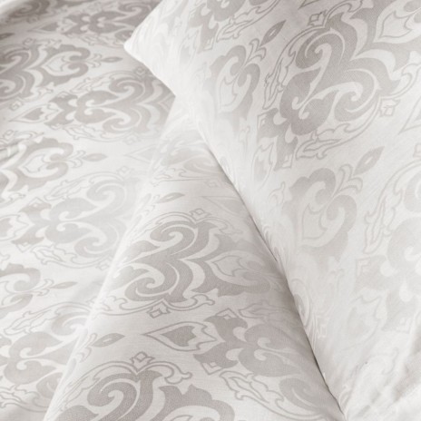Lenjerie de lux pat dublu jacquard satin 6 piese First Choice Sofya Crem cu model baroc in relief