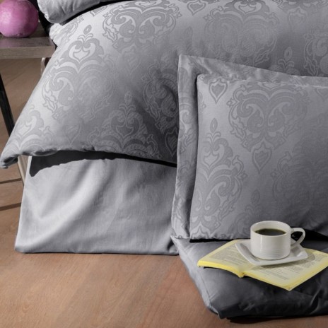 Lenjerie de lux pat dublu jacquard satin 6 piese First Choice Sofya Gri Baroc cu model ornamental in relief