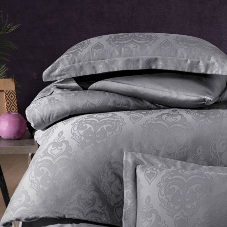 Lenjerie de lux pat dublu jacquard satin 6 piese First Choice Sofya Gri Baroc cu model ornamental in relief