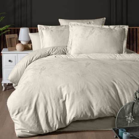Lenjerie de lux pat dublu jacquard satin 6 piese First Choice Stesha Bej cu model floral si pasari in relief