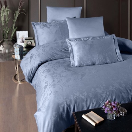 Lenjerie de lux pat dublu jacquard satin 6 piese First Choice Stesha Bleu Floral cu model floral si pasari in relief