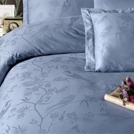 Lenjerie de lux pat dublu jacquard satin 6 piese First Choice Stesha Bleu Floral cu model floral si pasari in relief