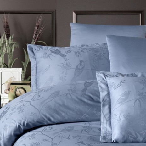 Lenjerie de lux pat dublu jacquard satin 6 piese First Choice Stesha Bleu Floral cu model floral si pasari in relief