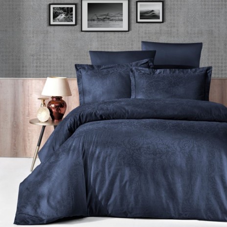 Lenjerie de lux pat dublu jacquard satin 6 piese First Choice Tecna Albastru navy cu model ornamental in relief