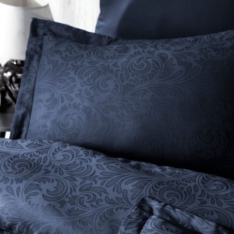 Lenjerie de lux pat dublu jacquard satin 6 piese First Choice Tecna Albastru navy cu model ornamental in relief