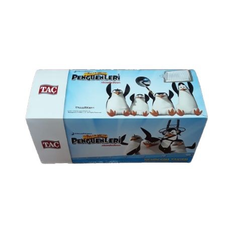 Lenjerie de pat Disney Tac Penguins Party, imprimeu albastru galben alb cu pinguini petrecăreți, 3 piese, bumbac.