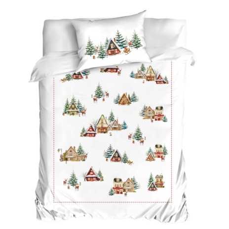 lenjerie de pat 1 persoana craciun 3d cabin bumbac 100% ranforce cu cabane si brazi