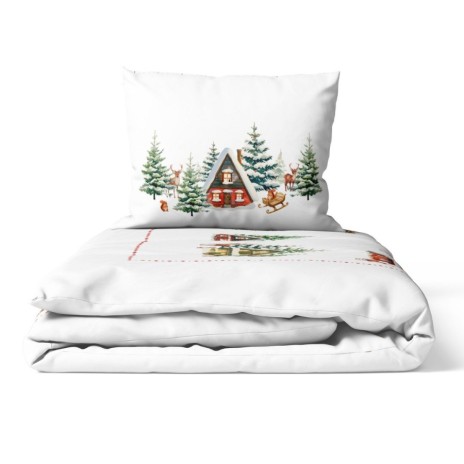 lenjerie de pat 1 persoana craciun 3d cabin bumbac 100% ranforce cu cabane si brazi