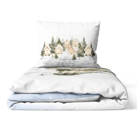 lenjerie craciun snowy 3d 1 persoana bumbac 100 ranforce cu brazi si casute