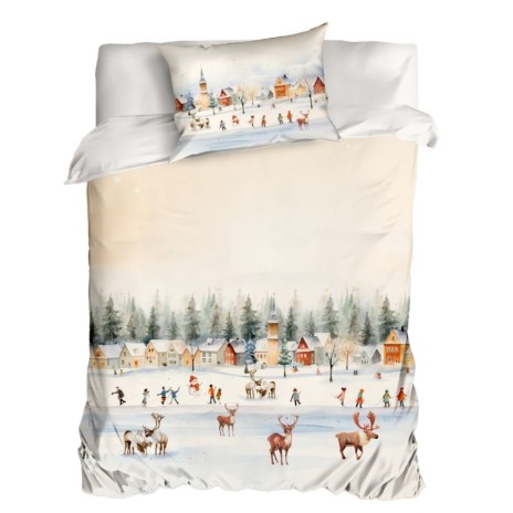 Lenjerie de pat 1 persoana craciun 3d joy bumbac 100% ranforce cu peisaj de iarna