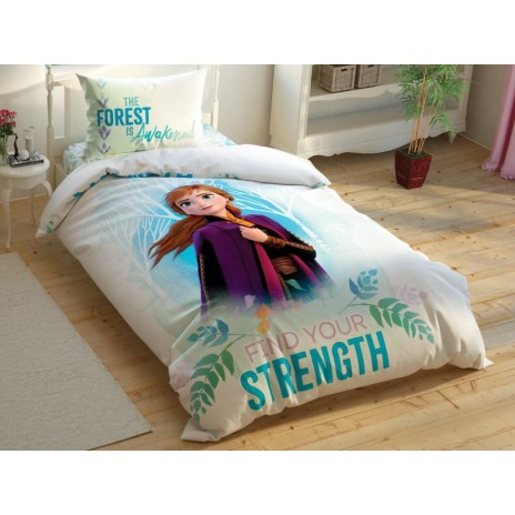 Lenjerie de pat Disney Frozen 2, față-verso, cu Anna și Elsa, mesaje Find Your Strength și Face Your Fear, elemente fosforescente, nuanțe de albastru și alb, 3 piese, bumbac