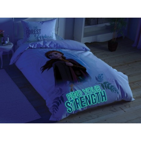 Lenjerie de pat Disney Frozen 2, față-verso, cu Anna și Elsa, mesaje Find Your Strength și Face Your Fear, elemente fosforescente, nuanțe de albastru și alb, 3 piese, bumbac