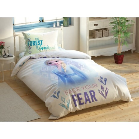 Lenjerie de pat Disney Frozen 2, față-verso, cu Anna și Elsa, mesaje Find Your Strength și Face Your Fear, elemente fosforescente, nuanțe de albastru și alb, 3 piese, bumbac