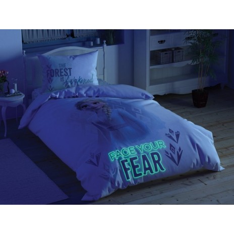 Lenjerie de pat Disney Frozen 2, față-verso, cu Anna și Elsa, mesaje Find Your Strength și Face Your Fear, elemente fosforescente, nuanțe de albastru și alb, 3 piese, bumbac